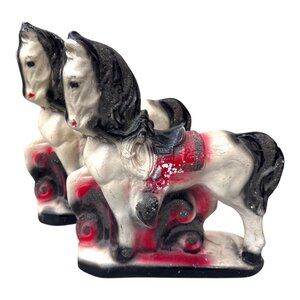 Vintage 1940s Pair Chalkware Circus Carnival Prize Saddled Horse Carousel Horse